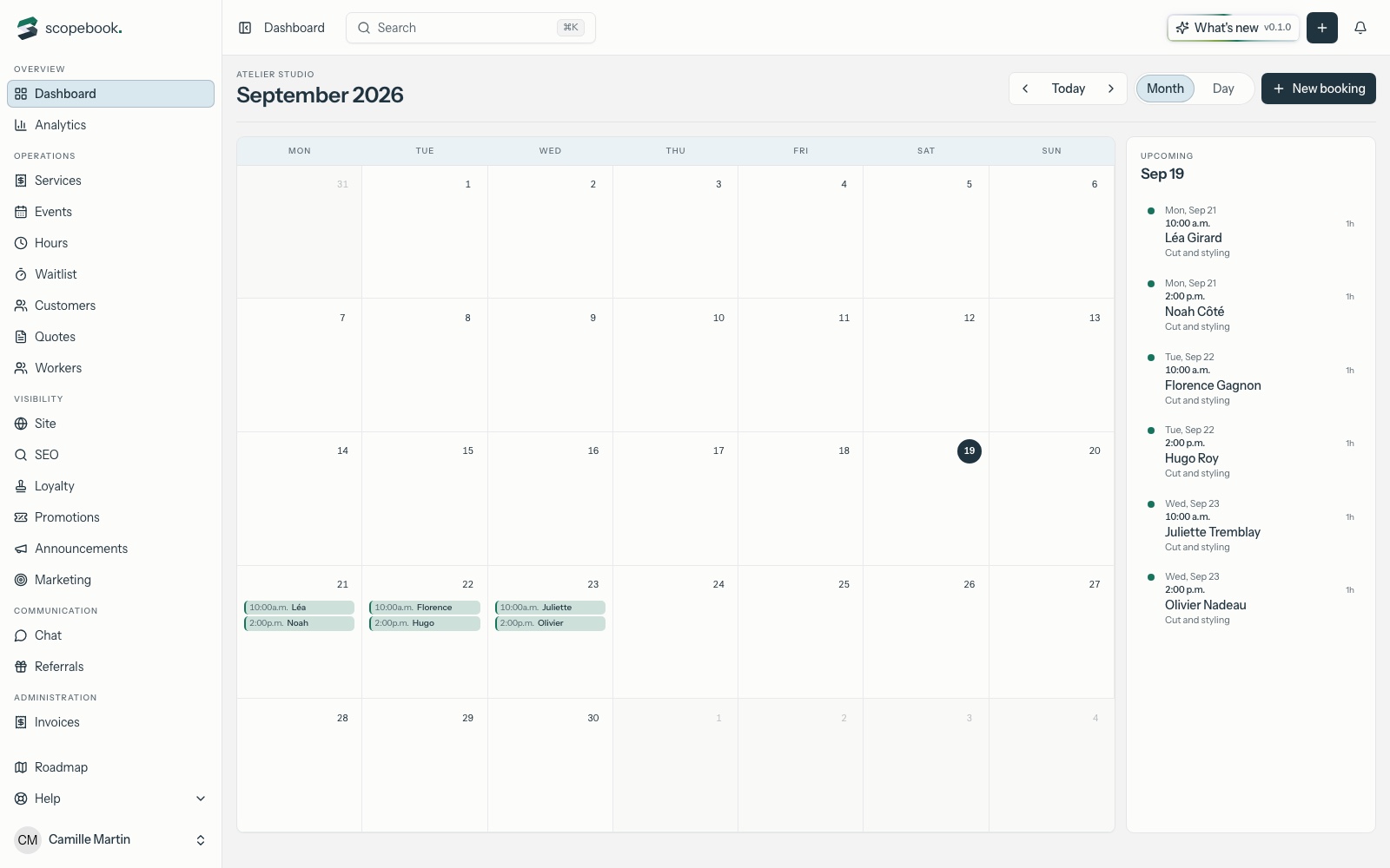 scopebook monthly calendar with upcoming appointments.